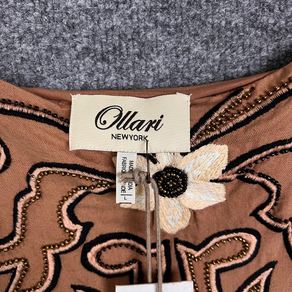 New Ollari New York Anthropologie dress L Embroidered Beaded Floral Cotton Strap - Picture 4 of 9